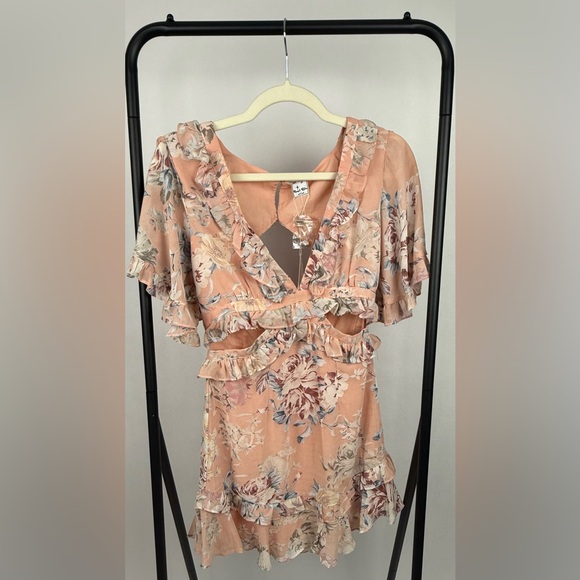 Angel Biba Peach Floral Ruffle Cutout Back Mini Dress Boho Festival NWT Size S - Picture 3 of 7